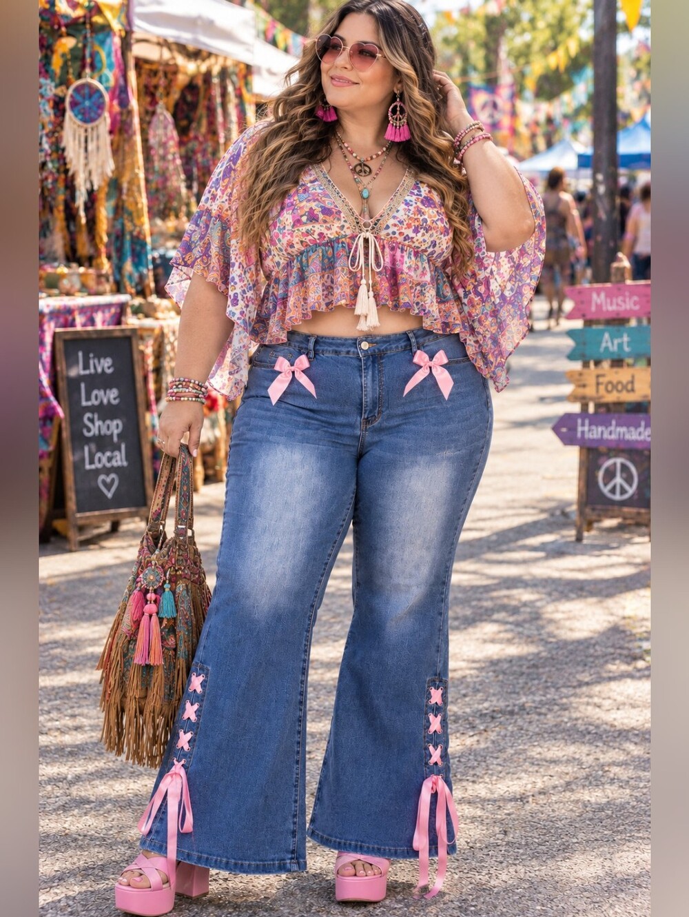 Shein Curve Blue Denim Flare Jeans with Pink Ribbon Accents